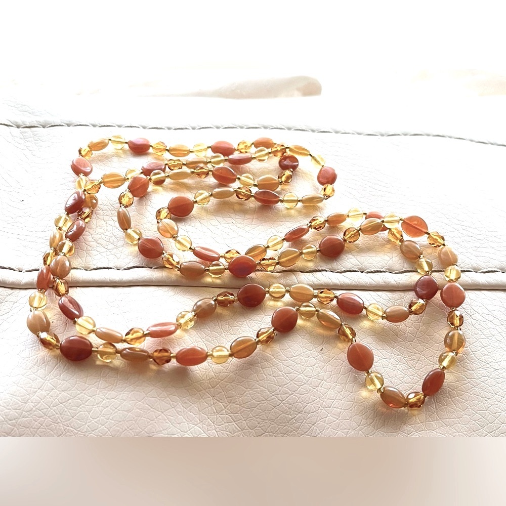 Beautiful vintage long amber glass beaded necklace